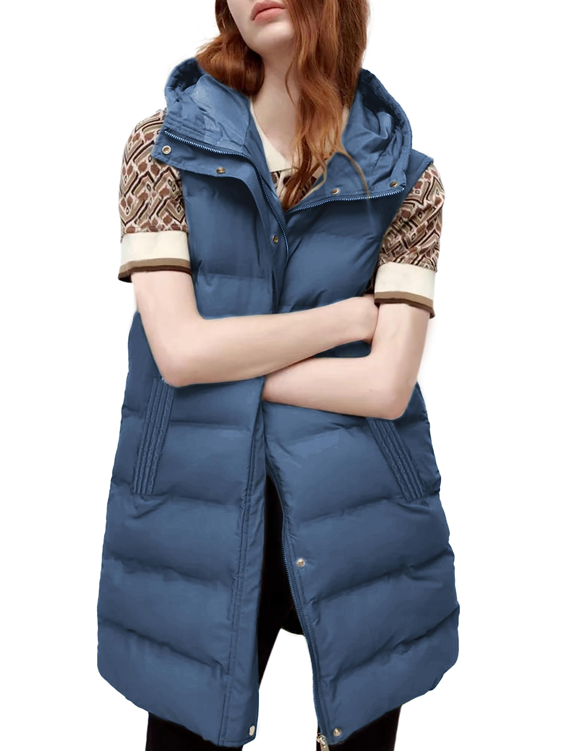 Women's Long Puffer Vest Casual Sleeveless Puffer Jacket with Removable Hood Sets