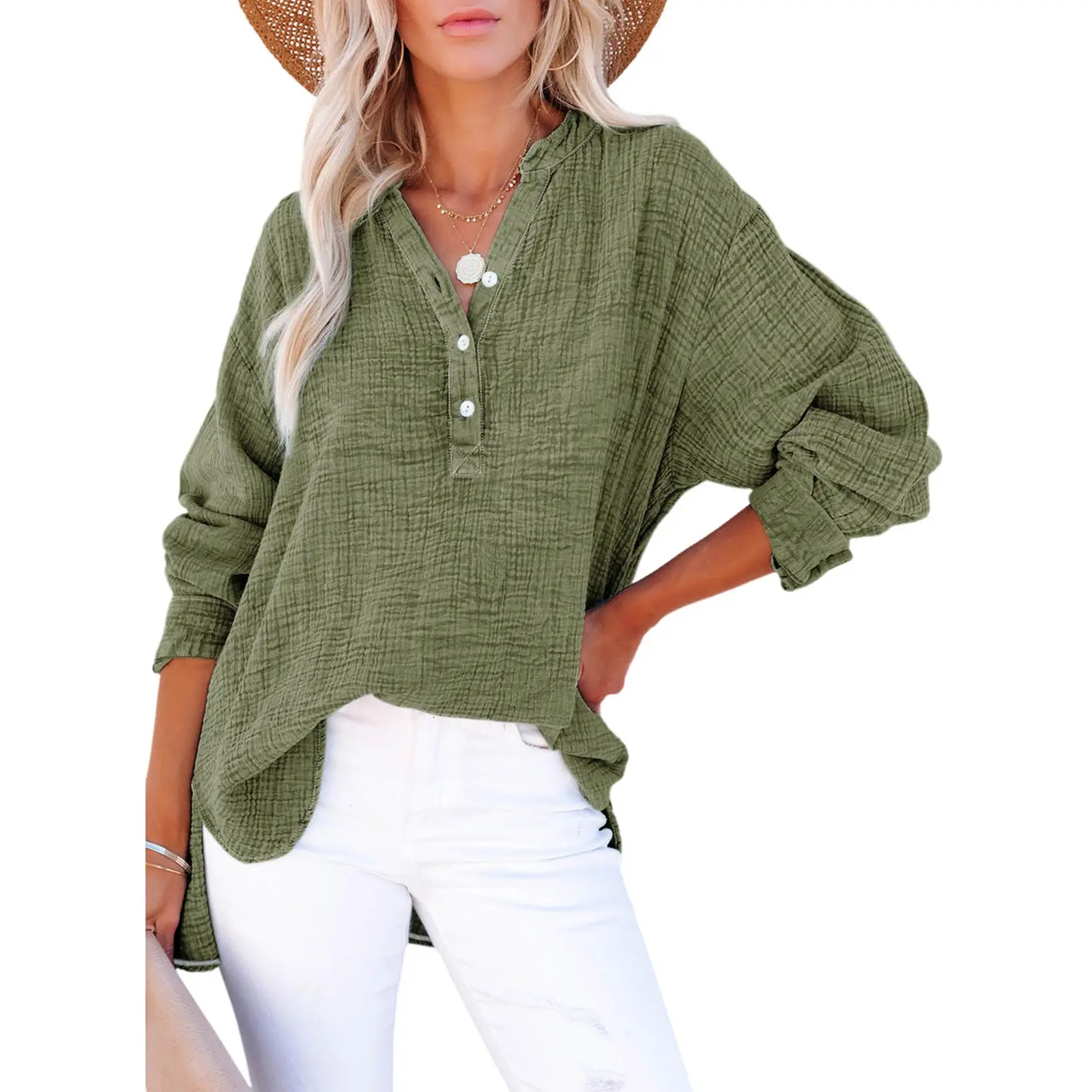 Women's Casual Button V Neck Long Sleeve Shirts Oversized Solid Blouses Tops 100% Cotton Boyfriend Style Loose Fit