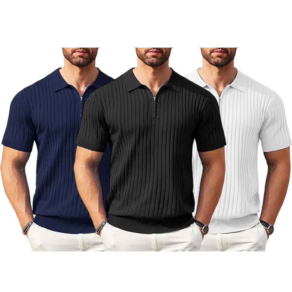 Men's Zipper Polo Shirts Short Sleeve Ribbed Knit Polo T Shirts Fashion Casual Golf Shirts