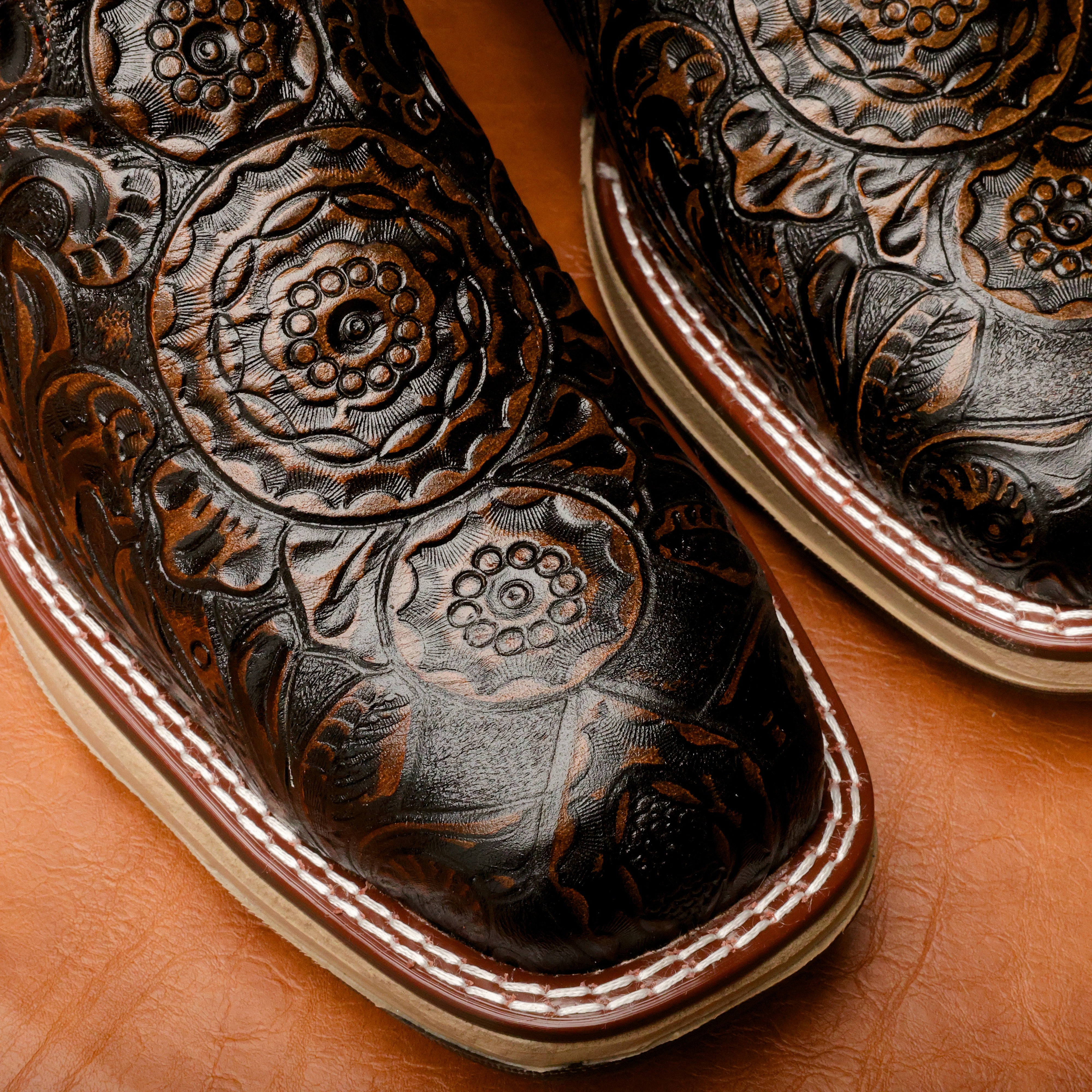 Rustic Brown Hand-Tooled Leather Boots With 3D Lightweight Sole - Composite Toe