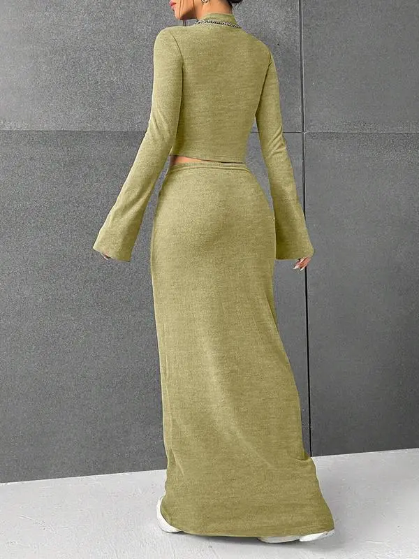 Women's Solid Flounce Sleeve Crop Tee & Skirt Two-piece Set