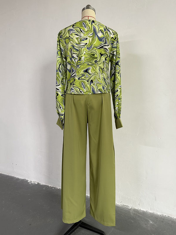 Printed Heaps Collar Long Sleeves Shirts Top + High Waisted Pants Bottom Two Pieces Set