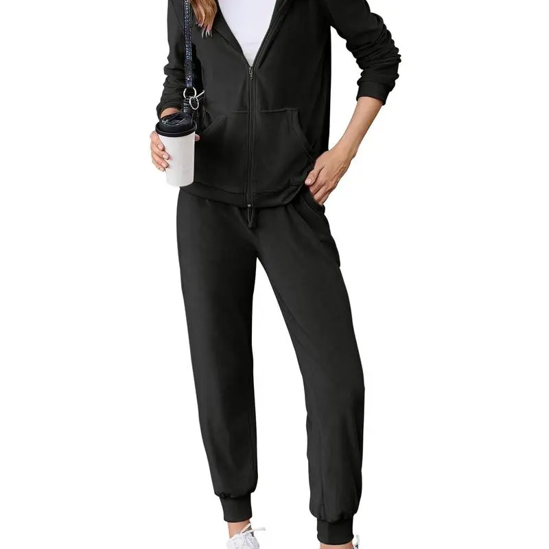Women's Casual Velour Tracksuit Set Full Zipper Hoodie