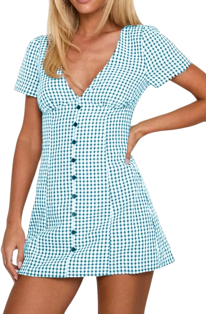 Women's Plaid Print Button Decor V Neck Shortsleeve (Just $4 Each!)