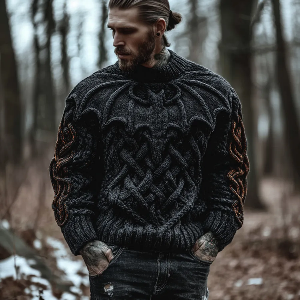 Men's Halloween 3d Embroidered Bat Dark Wind God Secret Thick Needle Sweater