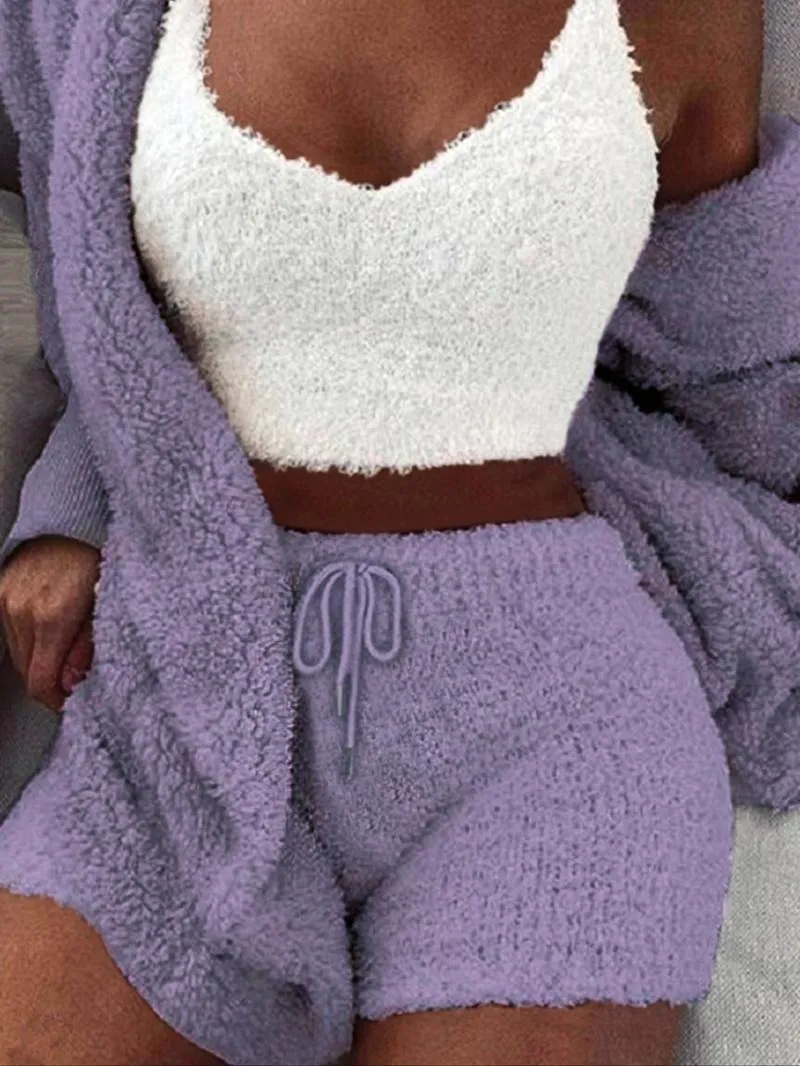 Women's Solid Color Plush Three-piece Pyjama Set, Fluffy Pajamas