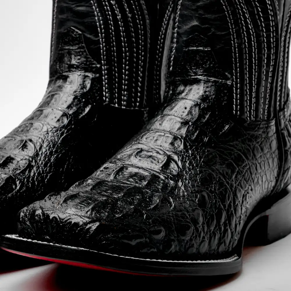 Black Caiman Neck Leather Boots - Square Toe