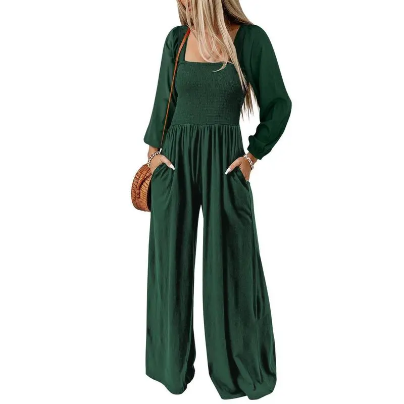 Women's Casual Loose Overalls Jumpsuits One Piece Long Sleeve Wide Leg Long Pant Rompers With Pockets