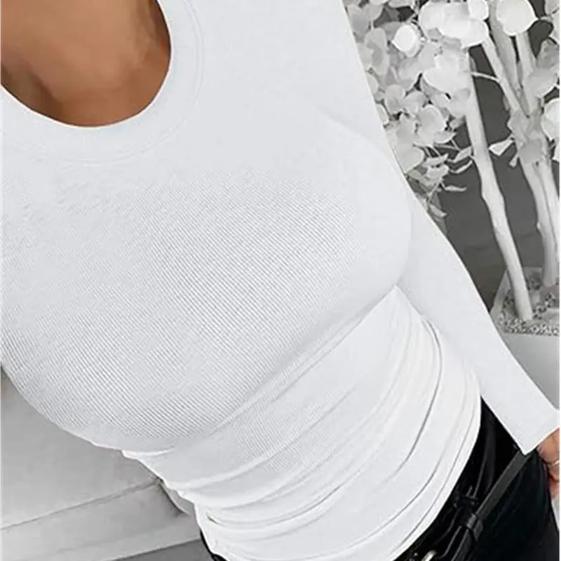 Women Long Sleeve Stretch Slim Round Neck Ribbed Basic Top