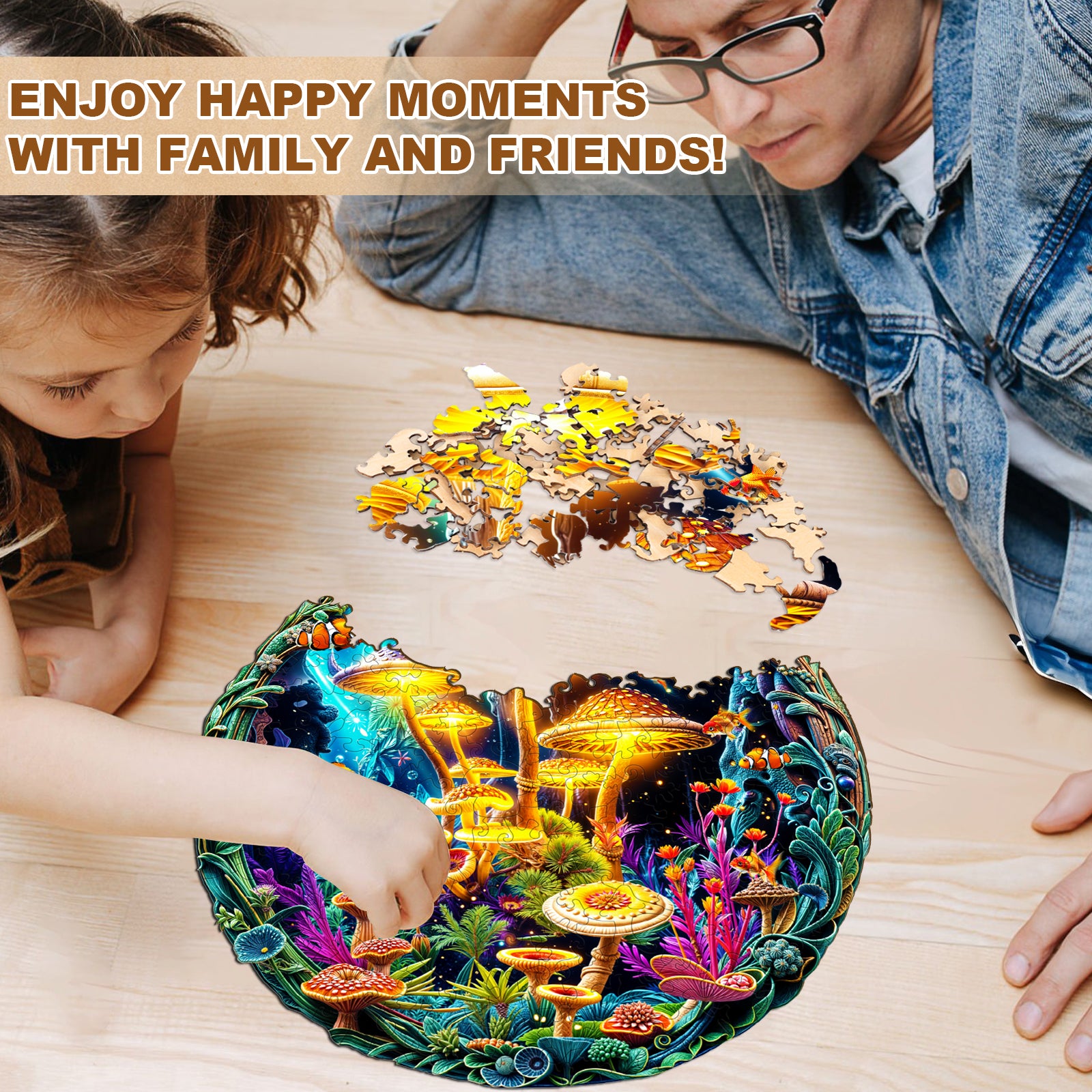 fluorescent mushrooms Wooden Jigsaw Puzzle