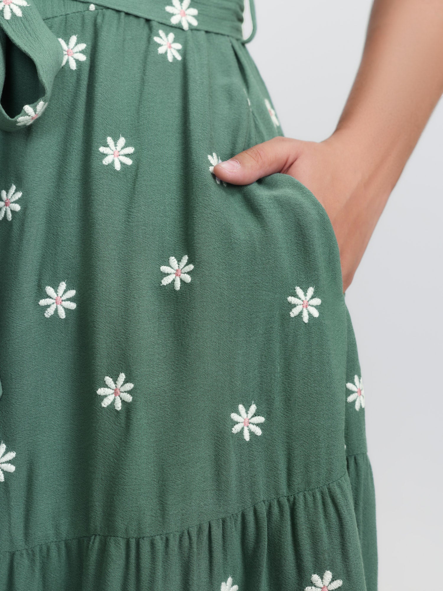 Supersoft Floral Embroidered Waist-Tie Mini Dress