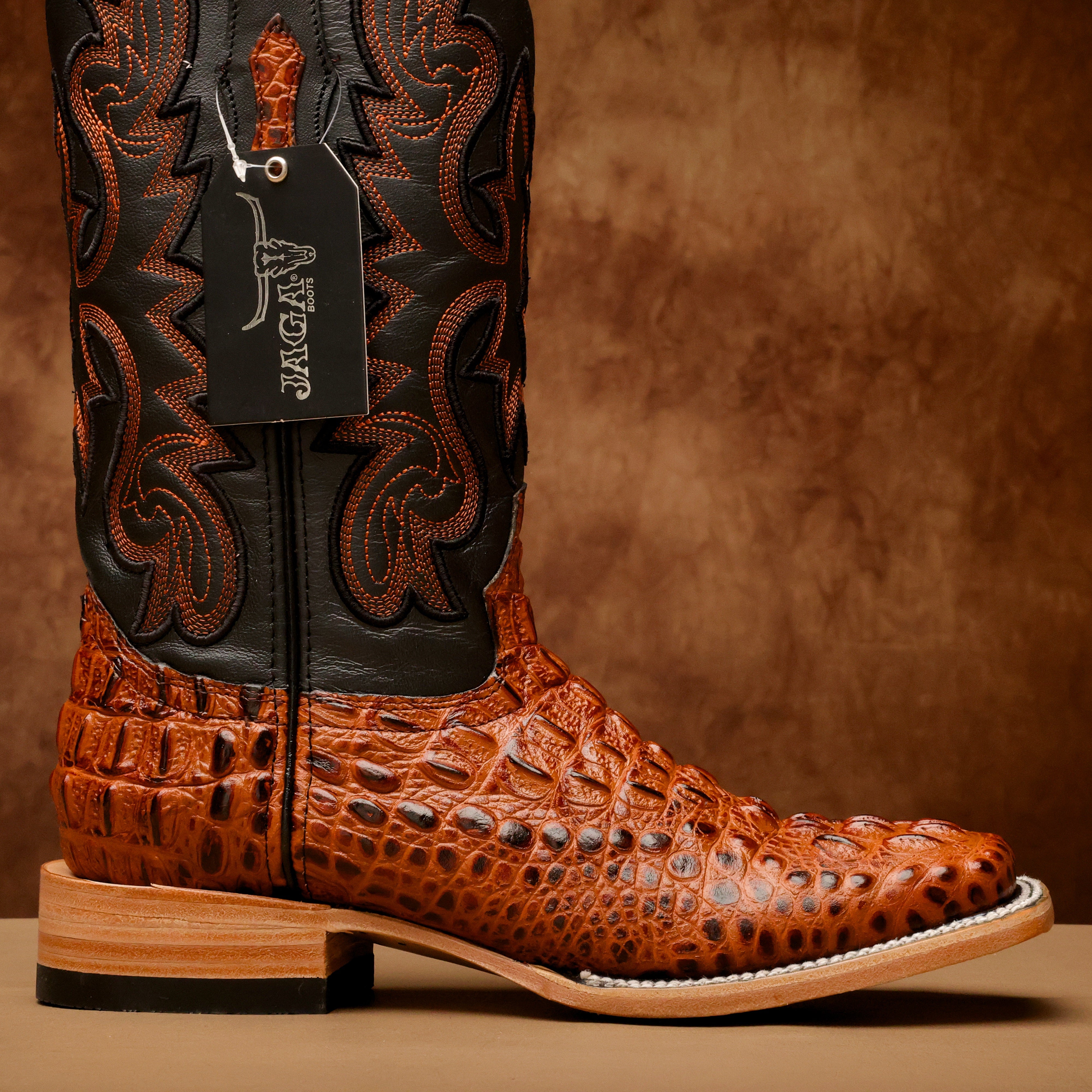 Cognac Caiman Neck Leather Boots - Square Toe