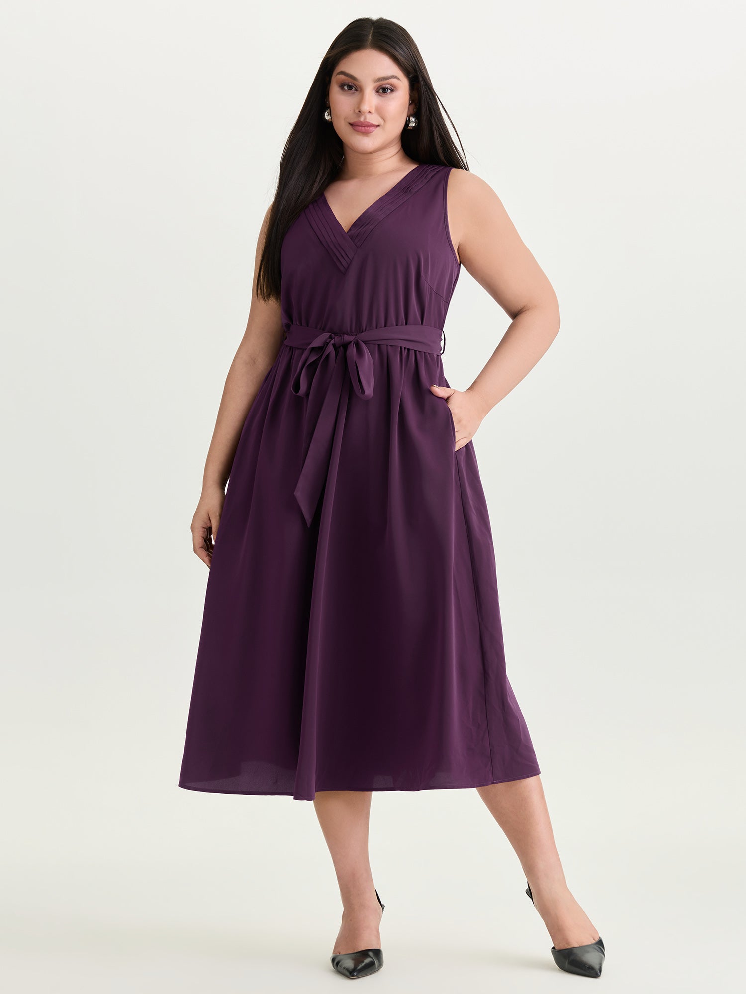 Pleated Neckline Waist-Tie Flowy Midi Dress