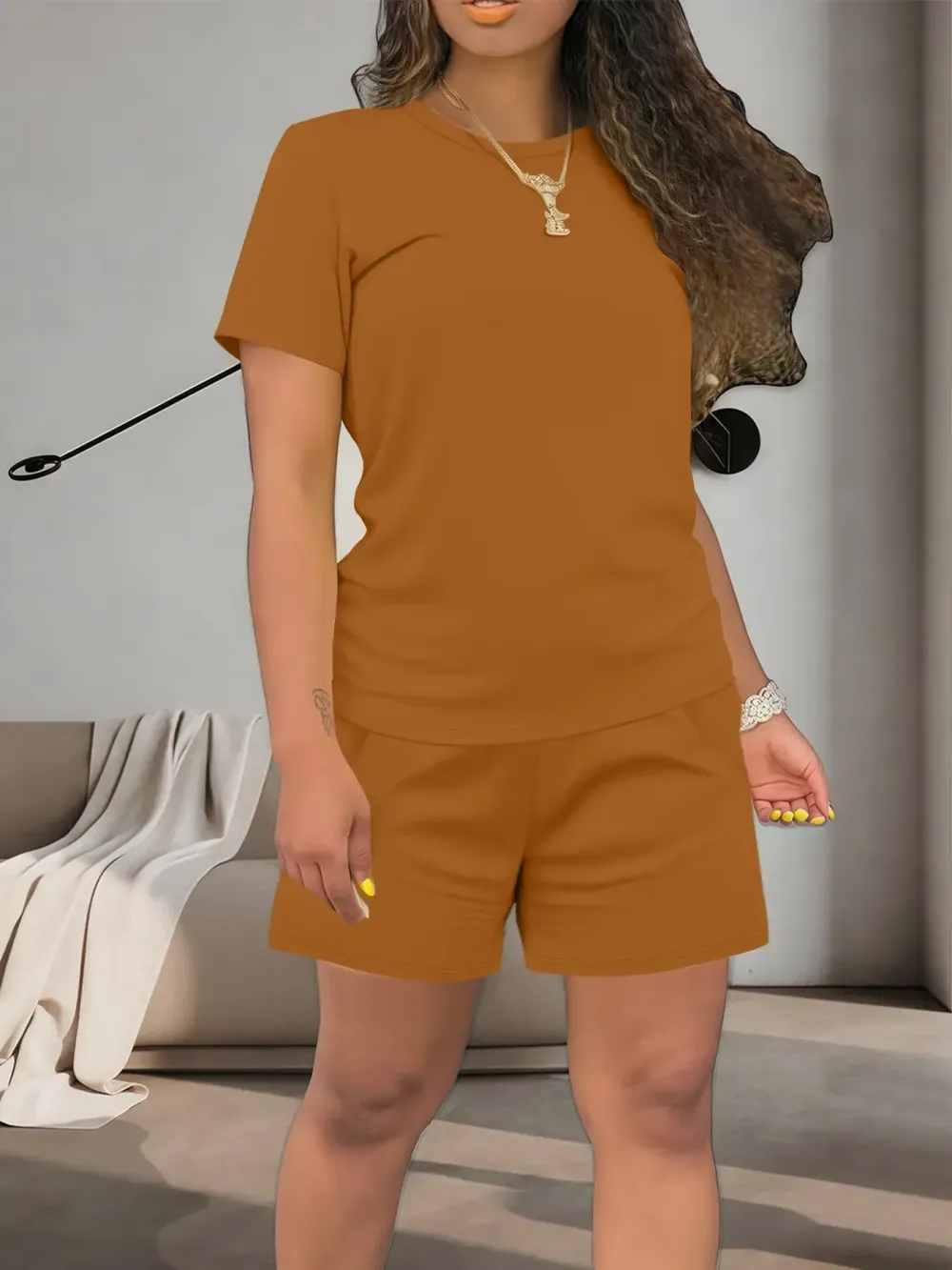 Women's Summer Casual Set, Regular Fit Short Sleeve Top & Shorts, Plain Color Women's