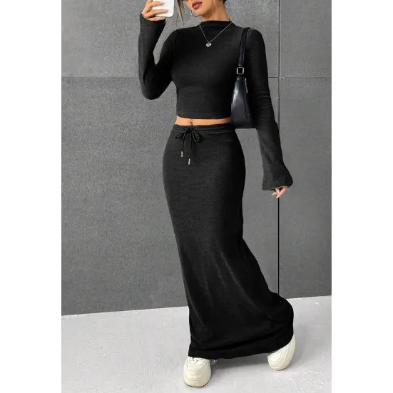 Women Flounce Sleeve Crop Tee Skirt Two-piece Set