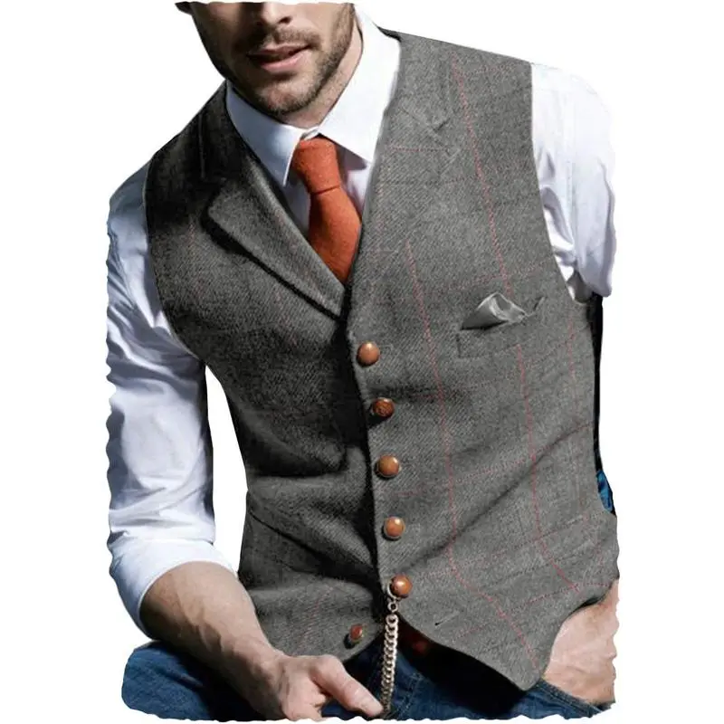 Men's Retro Tweed Vest Herringbone Wool-Polyester Blend Classic Formal & Casual Sleeveless Waistcoat Dress Fabric