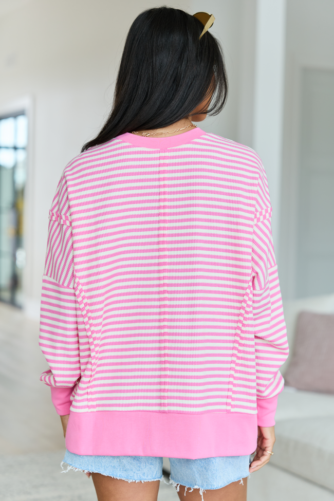 Kara Pink And White Stripe Waffle Pullover