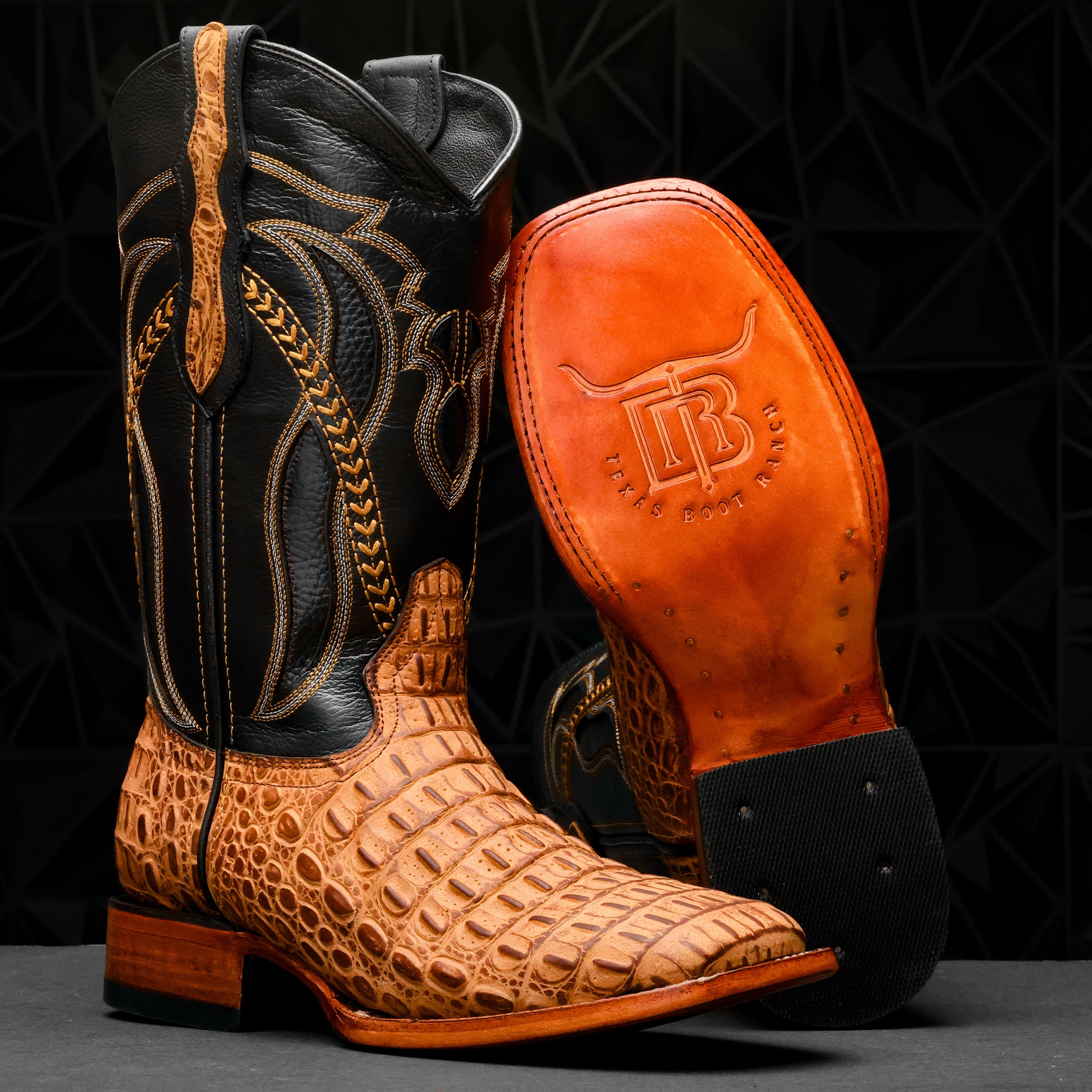 Matte Honey Caiman Hornback Leather Boots - Square Toe