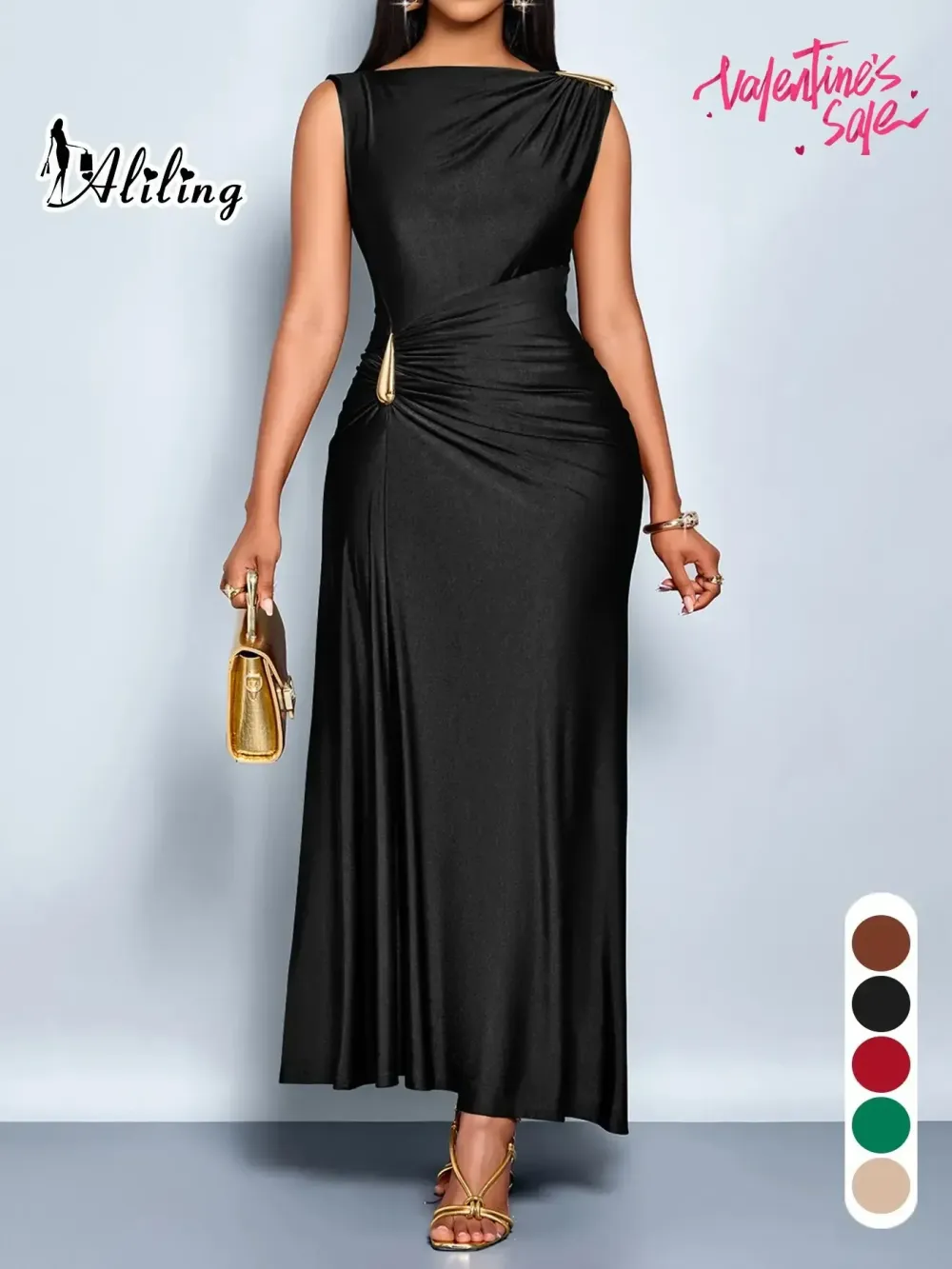 Aliling Elegant Chic Sleeveless Midi Dress for Women High Waist Folds Boat Neck Bodycon Fitted