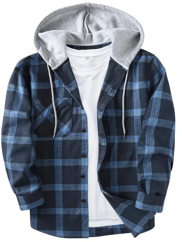 Men's Plaid Print Button Front Drawstring Hooded Shirt, Regular Fit Casual Pocket Long Sleeve Outerwear