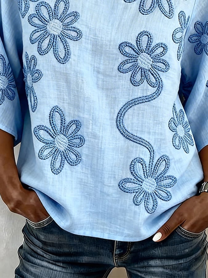 Women's Casual Round-Neck Printed Cotton-Linen Top- Fast Shipping