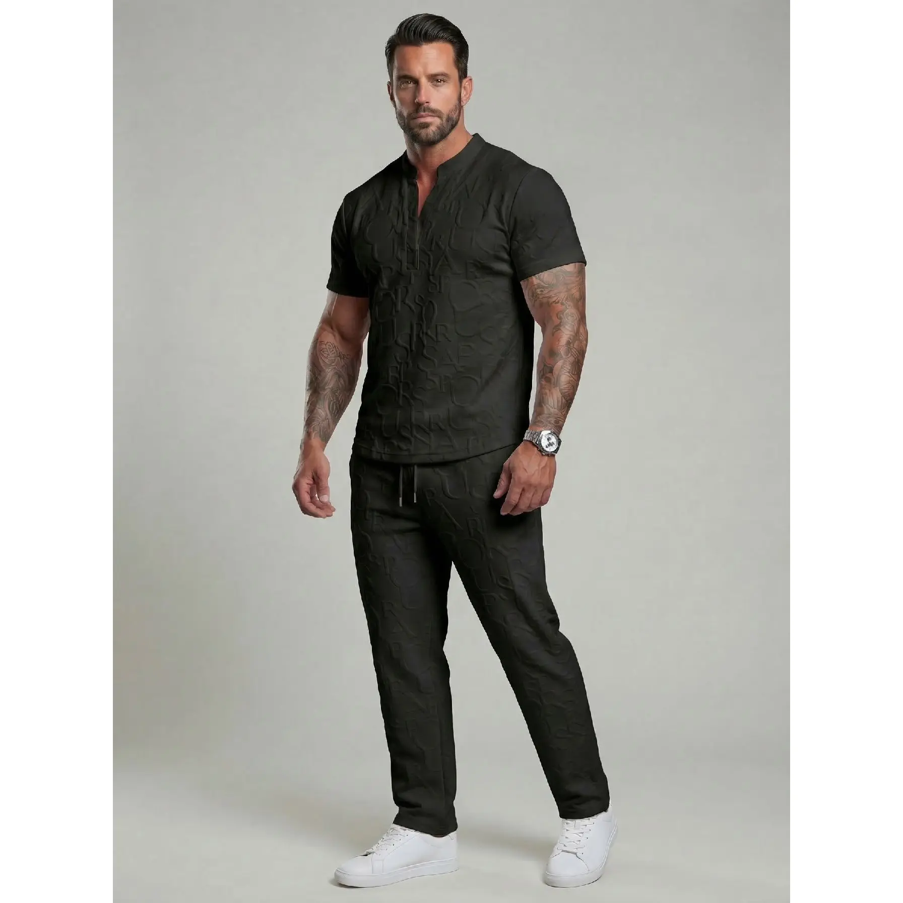 Men's Textured Letter-Embossed T-Shirt & Drawstring Waist Trousers Set
