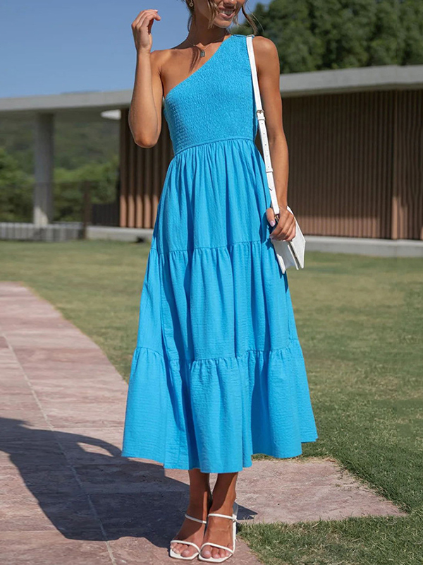 Pleated Solid Color Loose One-shoulder Midi Dresses