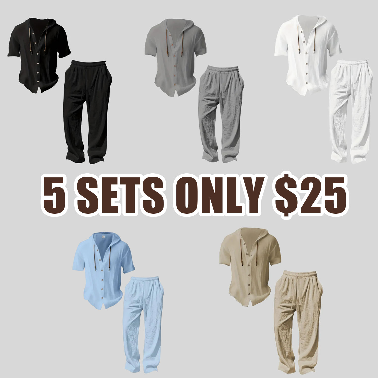 Men’s lightweight two-piece set with a hood, casual vacation style, loose and breathable thin fabric, hooded sweatshirt and wide-leg pants, for summer wear