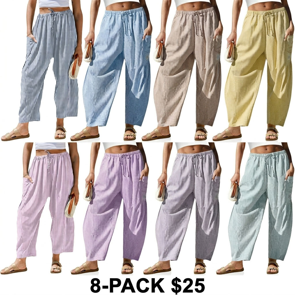 Women's Gingham Striped Wide Leg Pants – Low Waist Drawstring Palazzo with Pockets