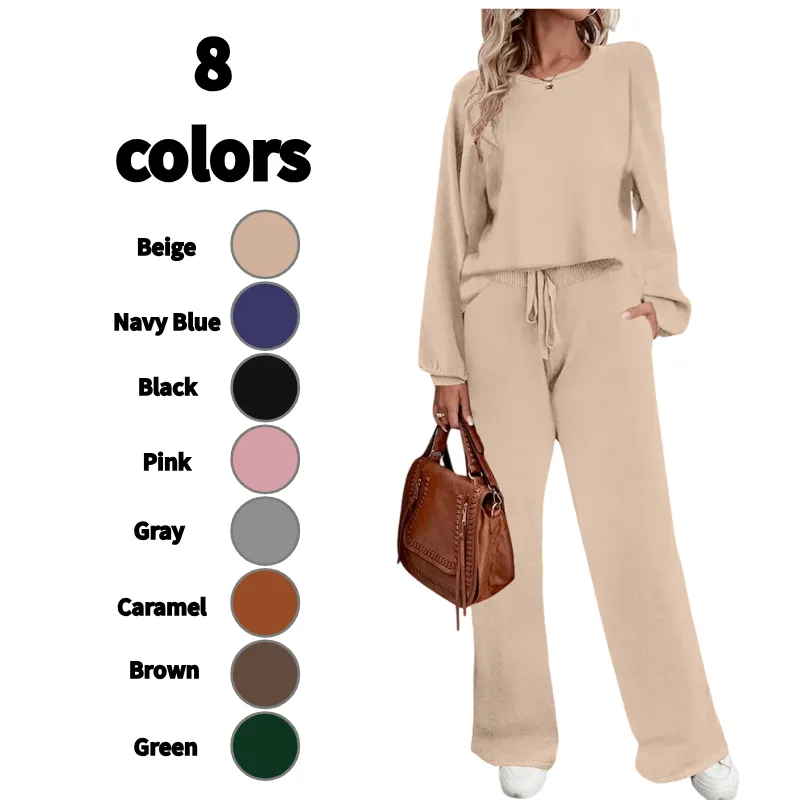 Womens Fall Winter Casual Solid Knitted 2 Piece Sets Long Sleeve