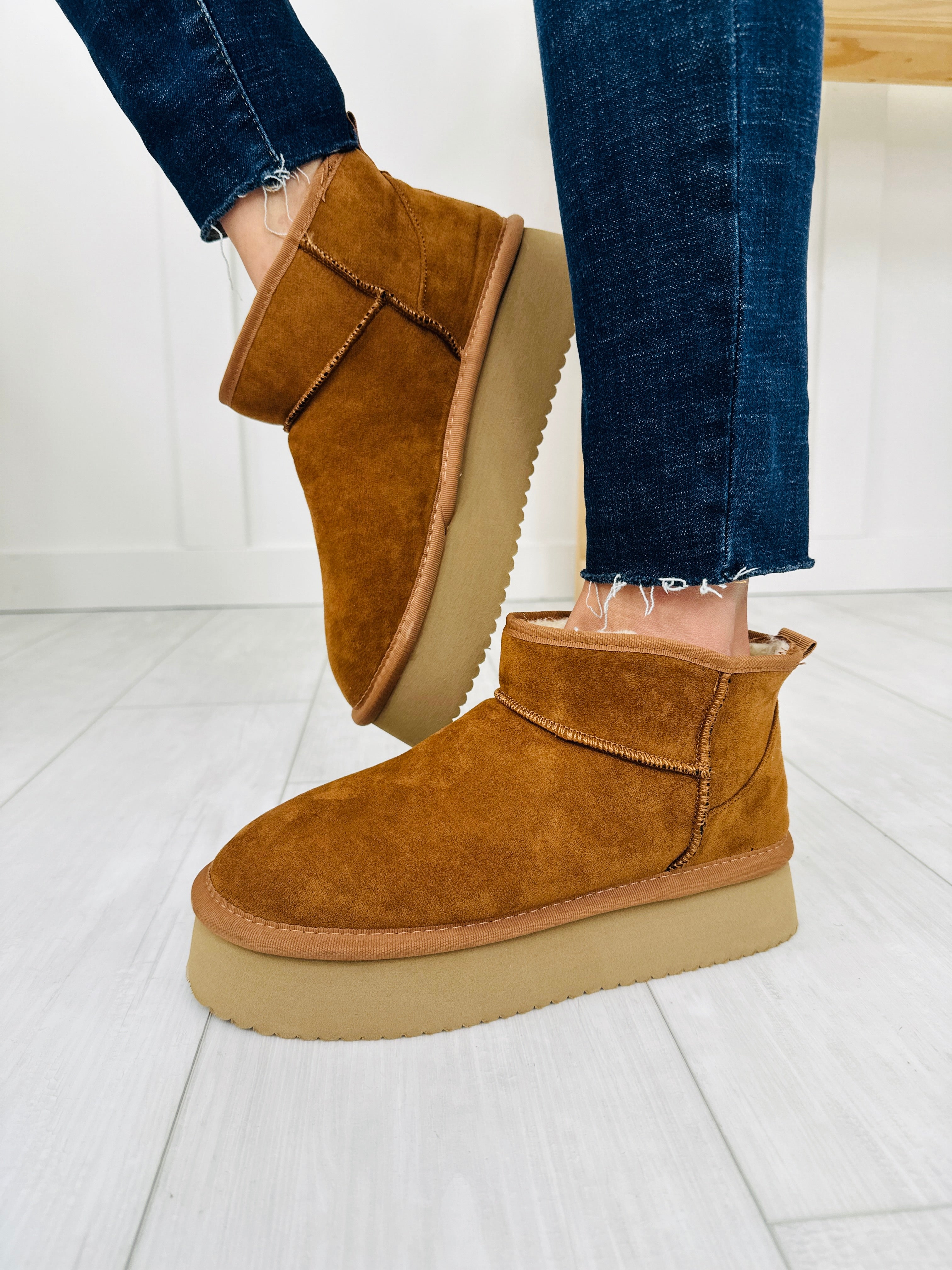 Toasty Terrain Booties In Tobacco Faux Suede