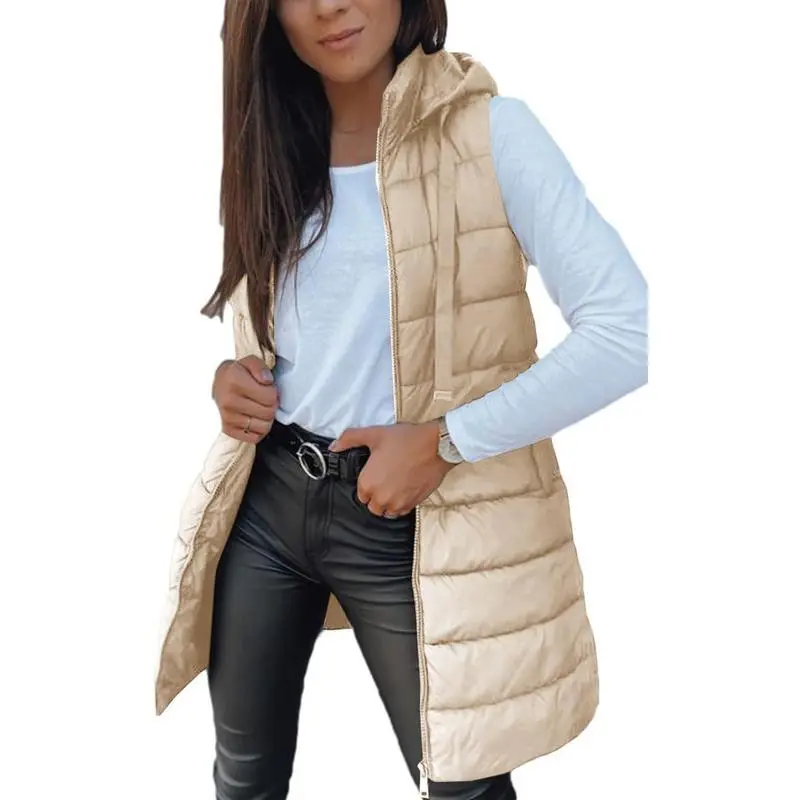 Women Long Vest Solid Color Sleeveless Hood Winter Puffer Vest Outwear