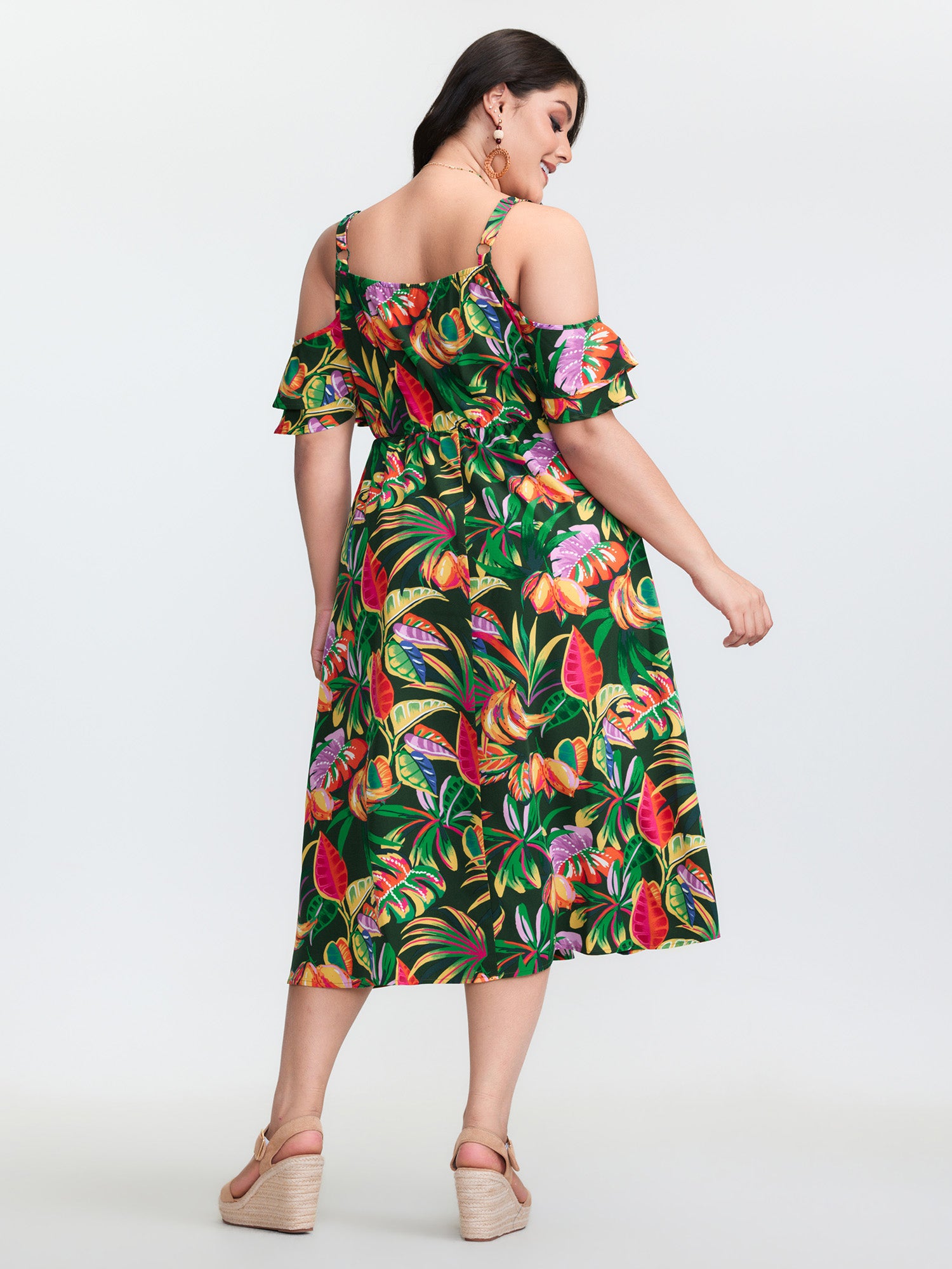 Vibrant Tropical Print Off-Shoulder Midi Dress