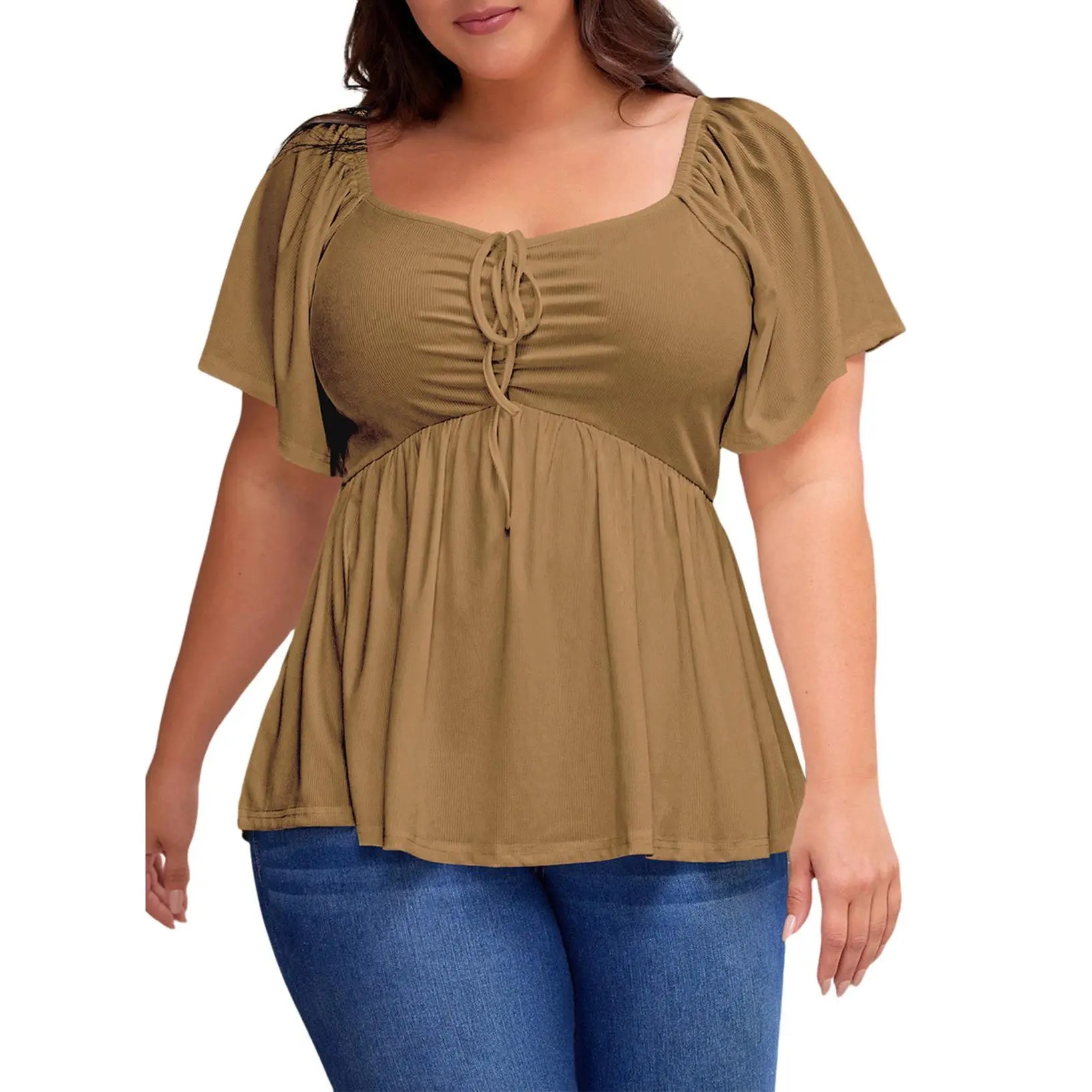 ⏰8 PACKS Women's Plus Size Sweetheart Neck Short Sleeve Shirred Peplum Blouse Tops Shirts(1X-5X)
