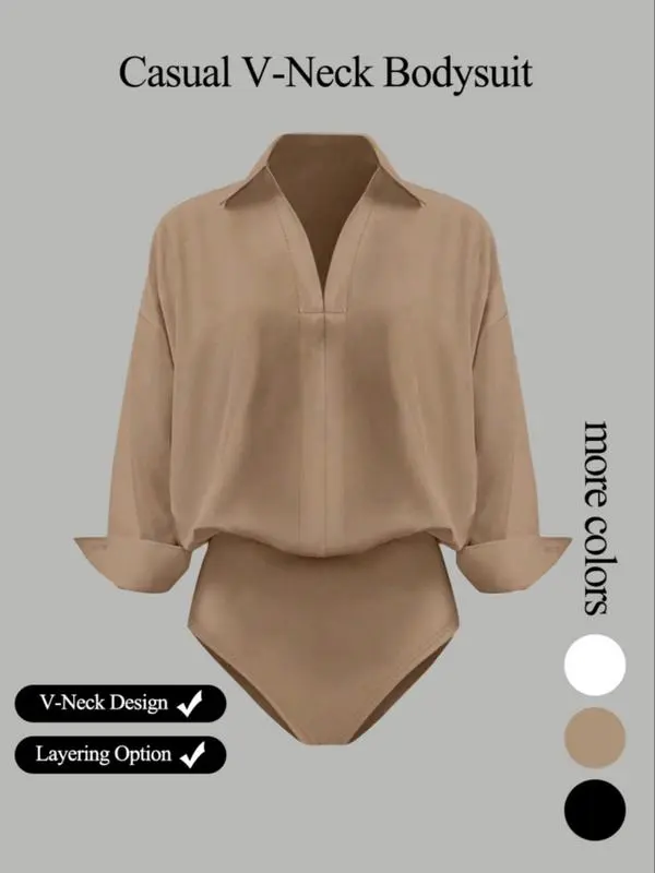 Women's casual loose-fitting V-neck long-sleeved shirt jumpsuit, made from elegant woven fabric