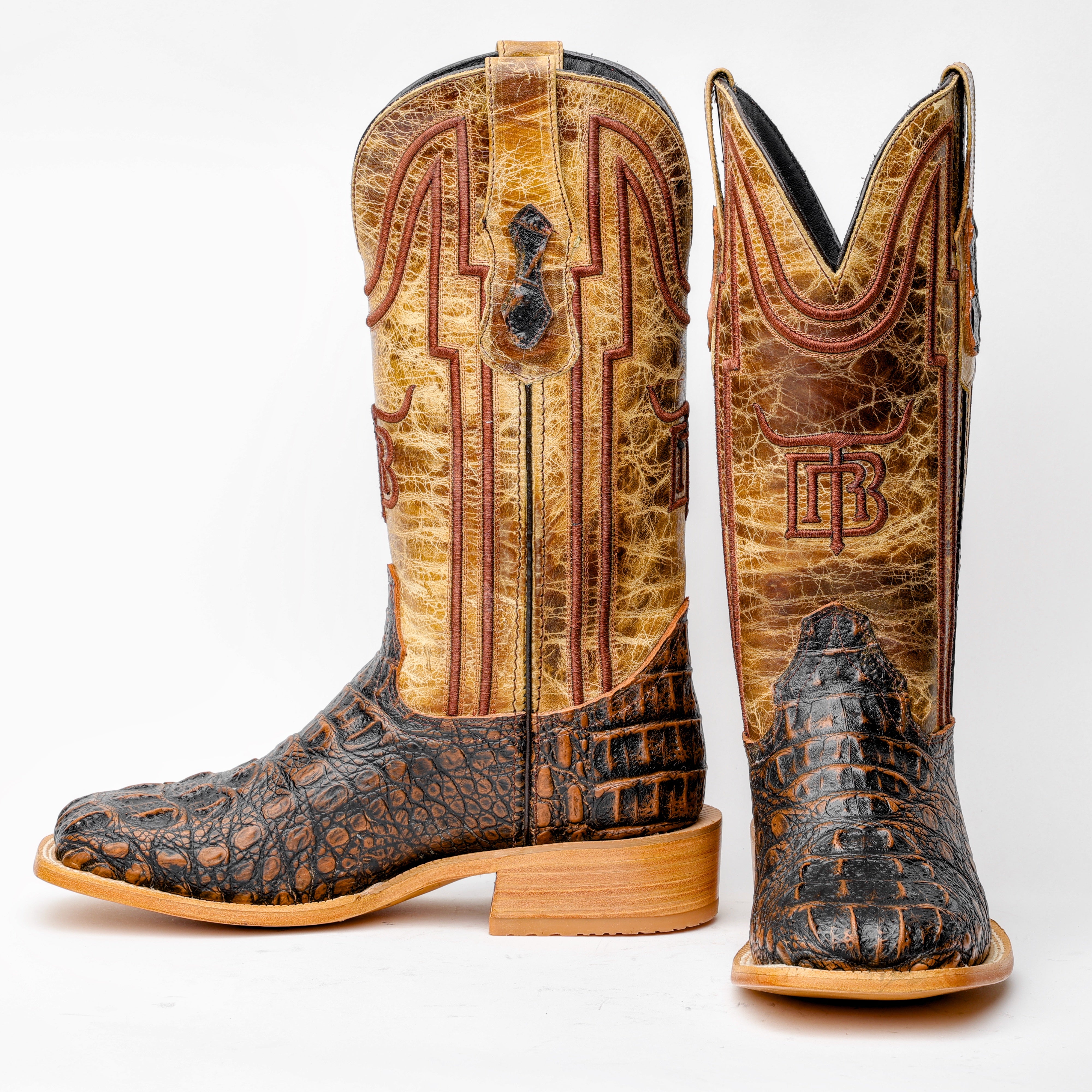 Rustic Honey Caiman Neck Leather Boots - Square Toe