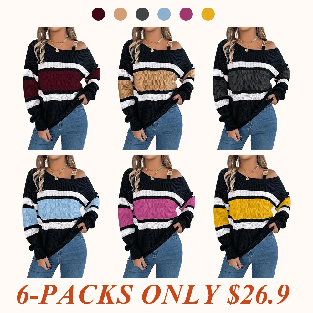 Women's Striped Print Asymmetrical Neck Buckle Decor Sweater