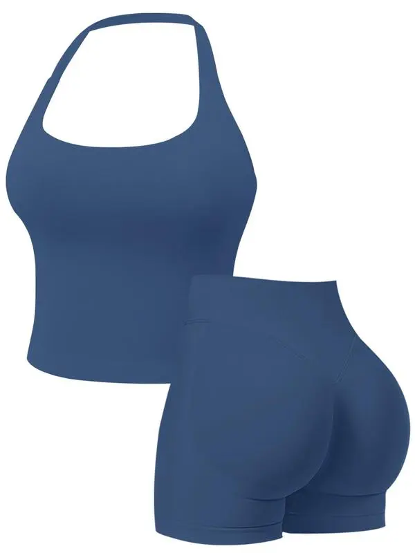 Two-Piece Set Women's Solid Color Halter Top & High Waist Shorts Sports Set