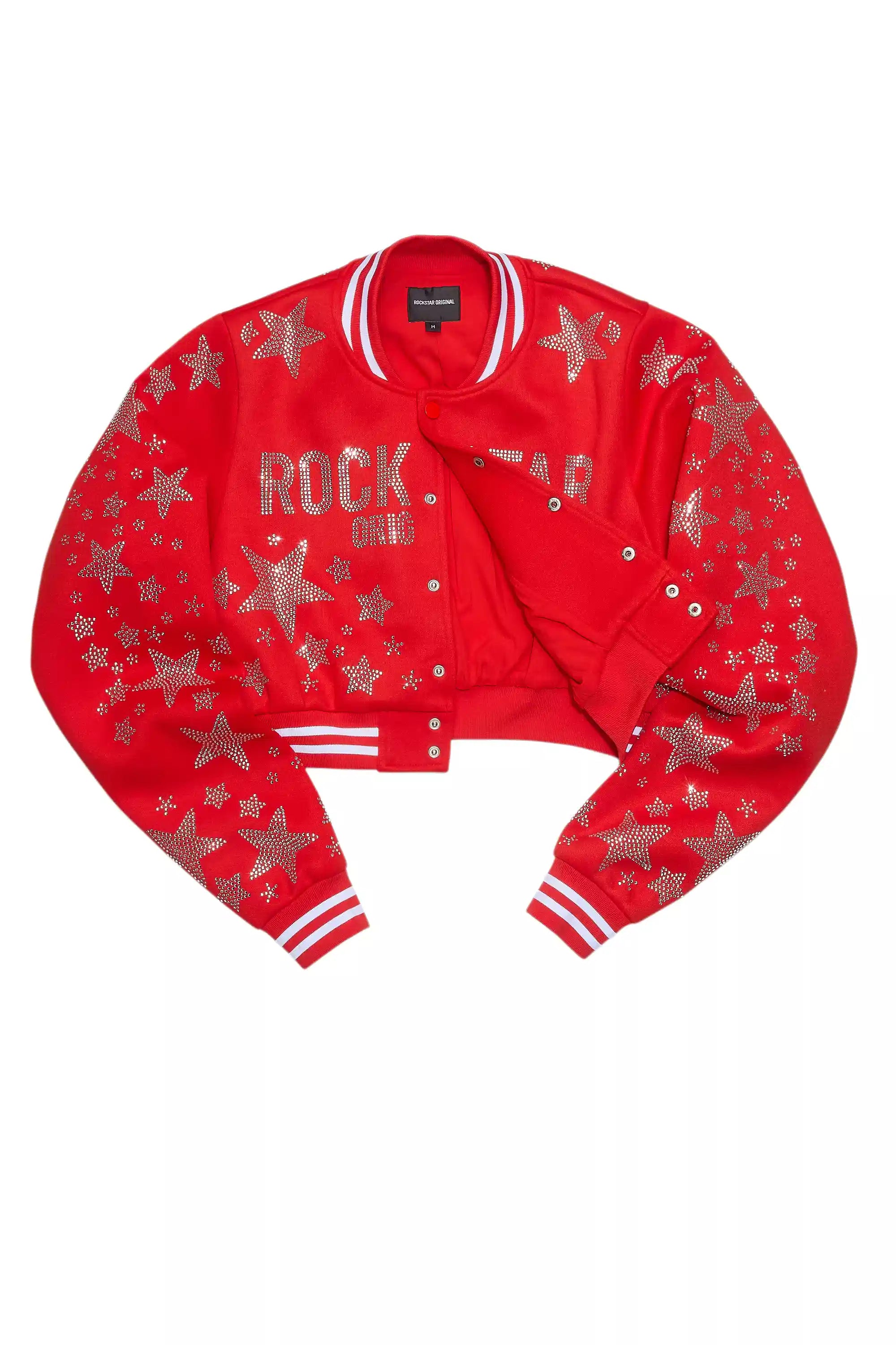 Shanda Red Crop Rhinestone Varsity Jacket