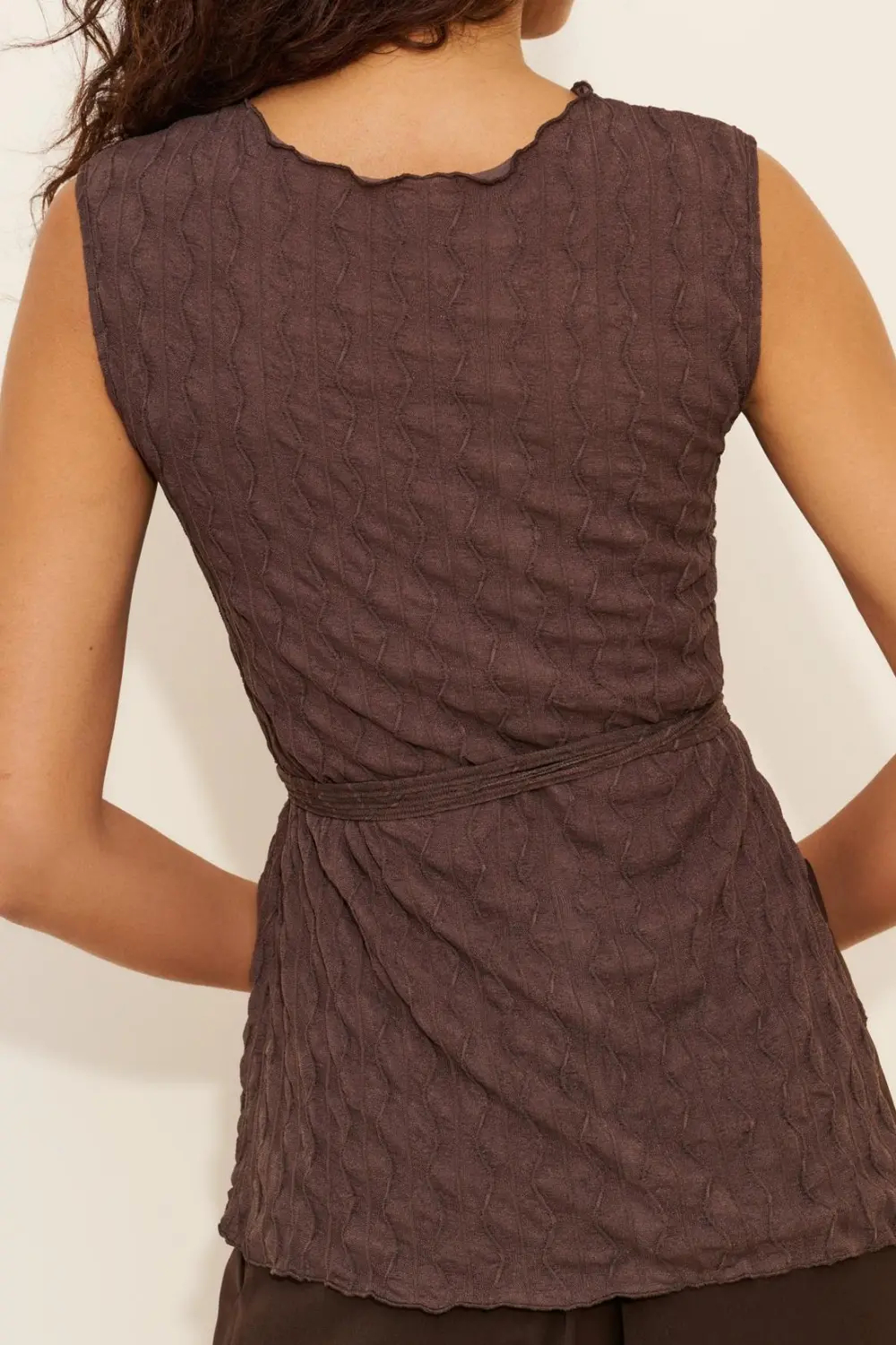 Brown Sleeveless Zig Zag Mesh Top