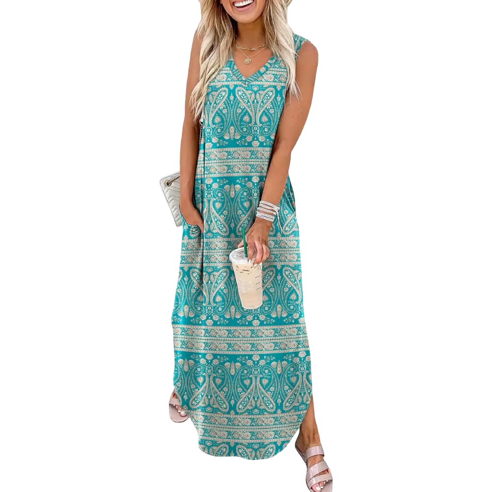 Casual Floral Dresses Maxi Dress Vacation Beach Sundresses  with Pockets