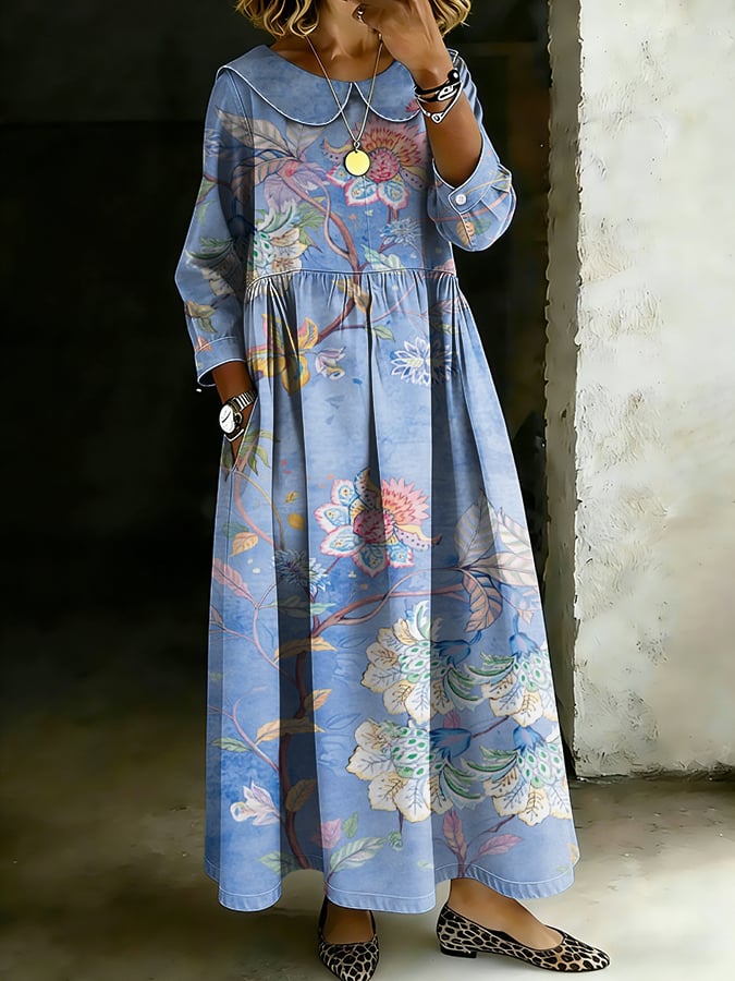 Women's Retro Botanical Floral Design Lapel Pocket Casual Dress- Fast Shipping