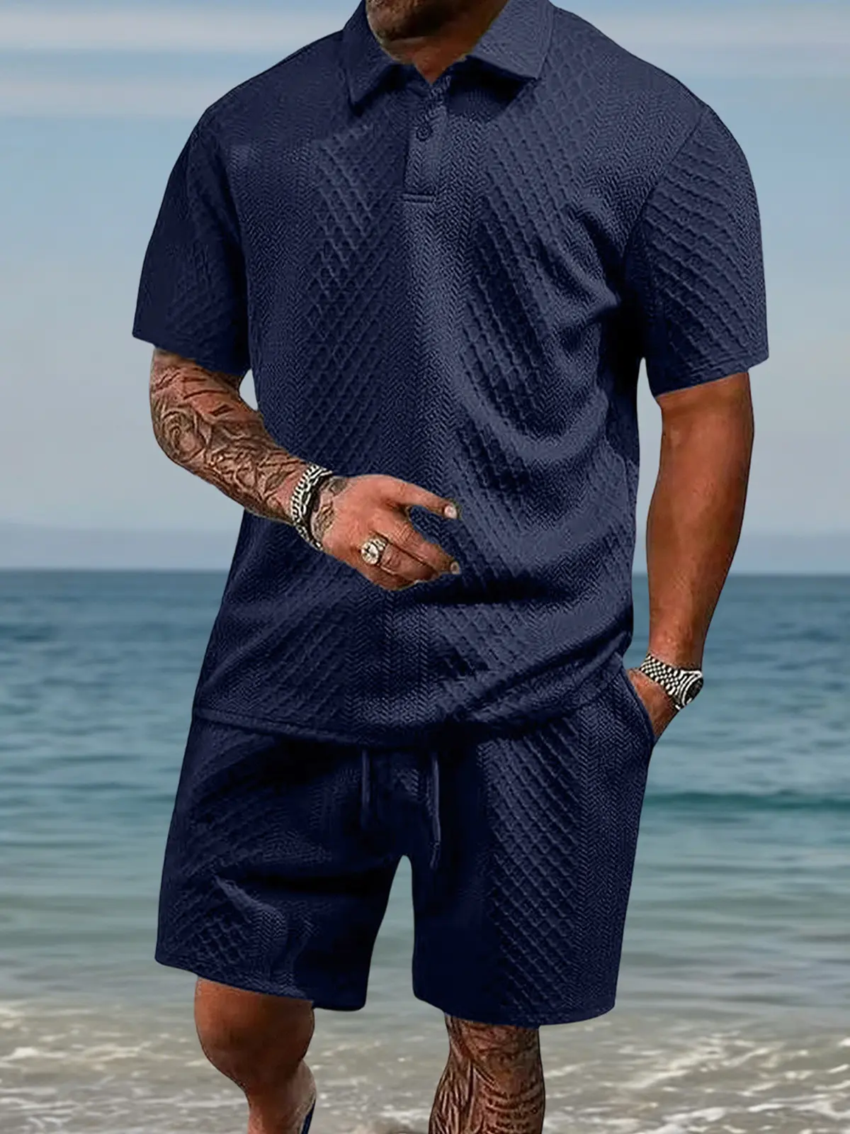 Men's summer casual texture fabric solid color polo shirt T-shirt shorts 2-piece set