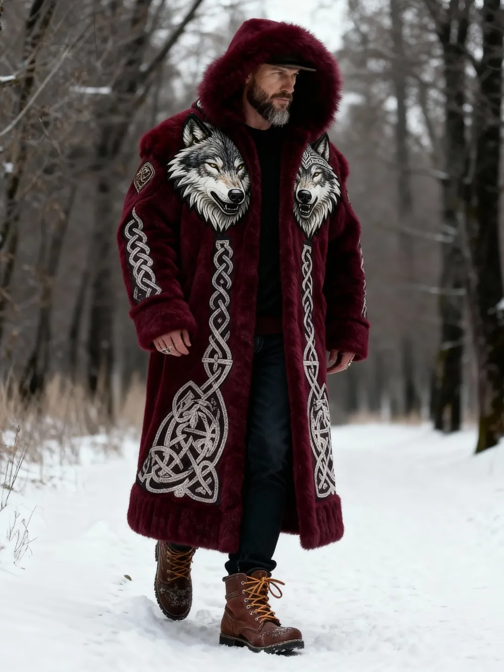 Men's Viking Wolf Fur Length Coat