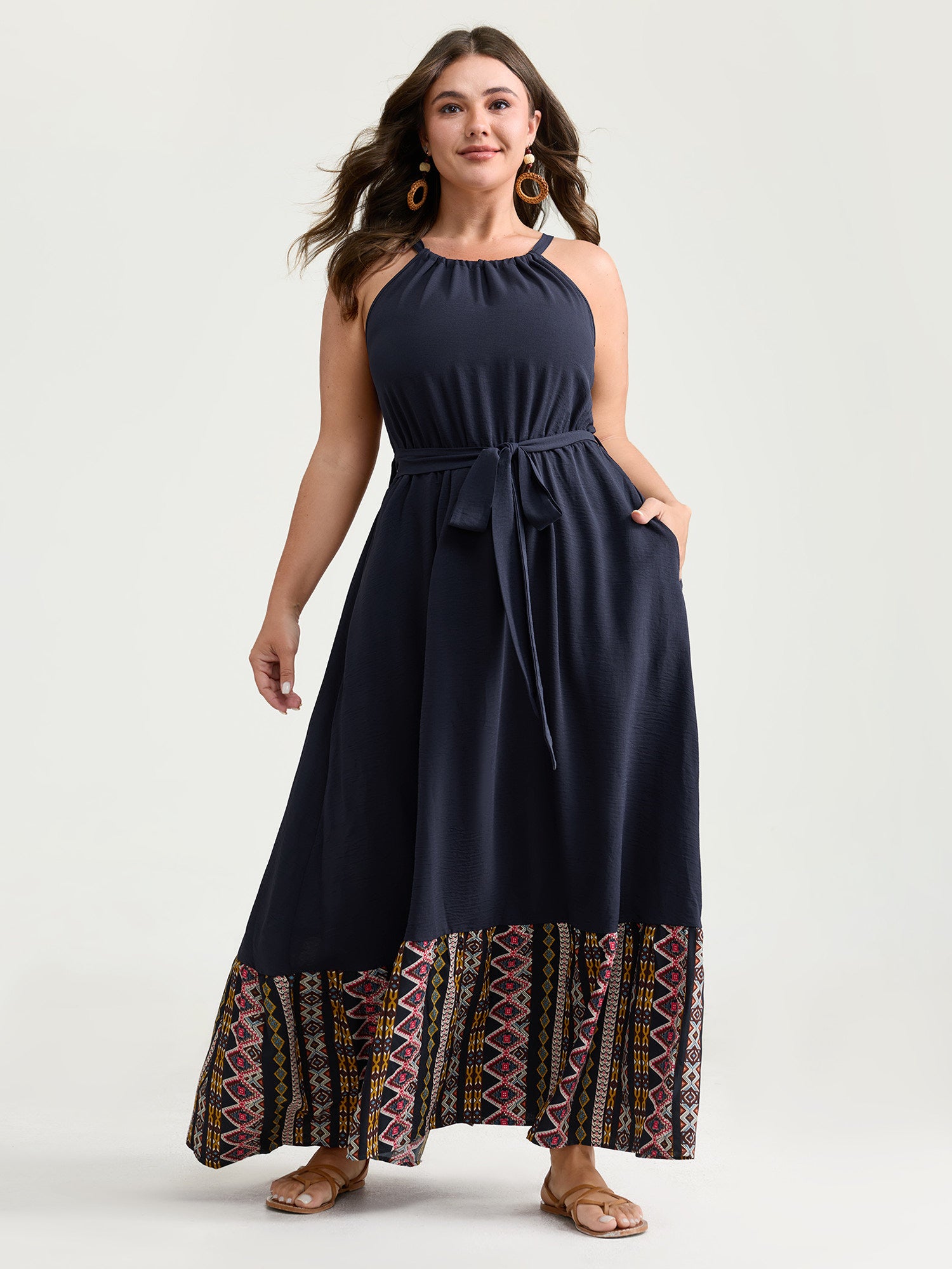 Colorful Boho Striped Hem Halter Neck Maxi Dress