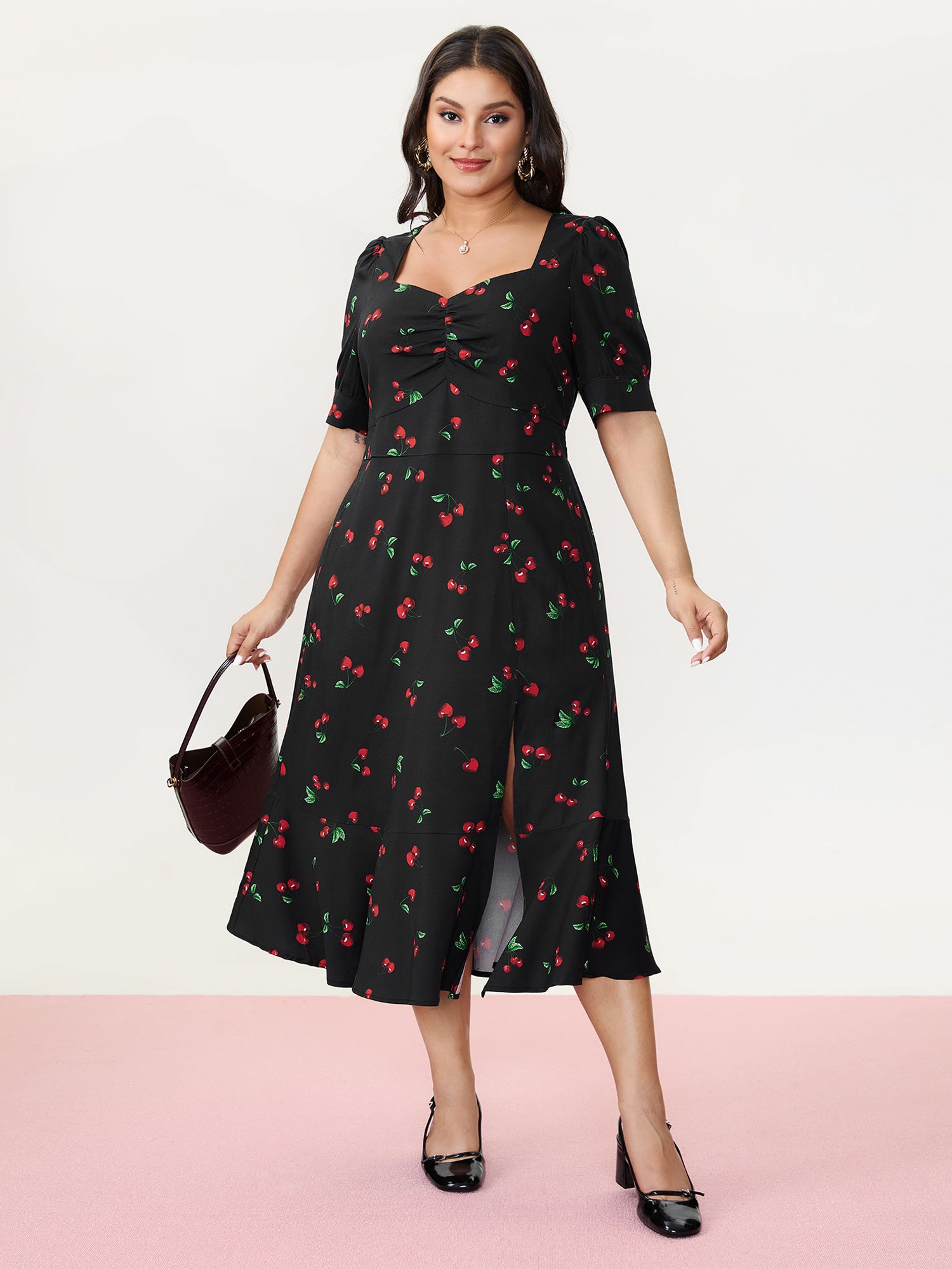 Cherry Print Split Hem Midi Dress