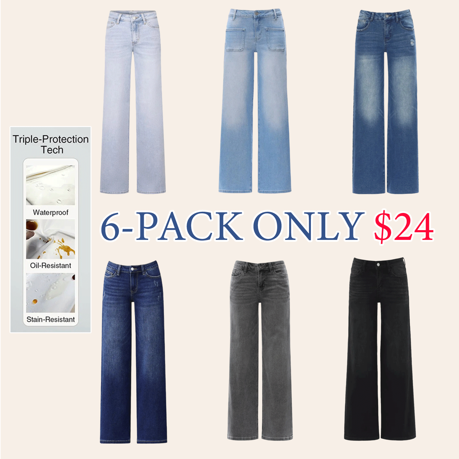 🔥Women’s Mid-Low Rise Baggy Distressed Jeans – Stretchy Wide Leg Denim Pants