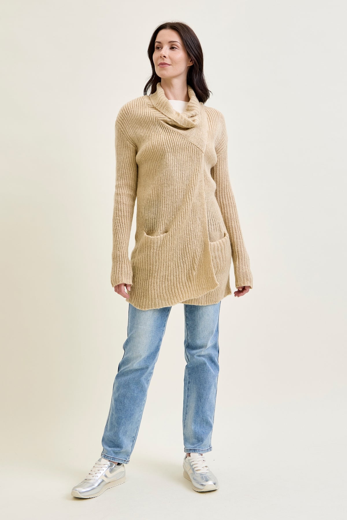 Drape Front Cardigan Beige Sweater