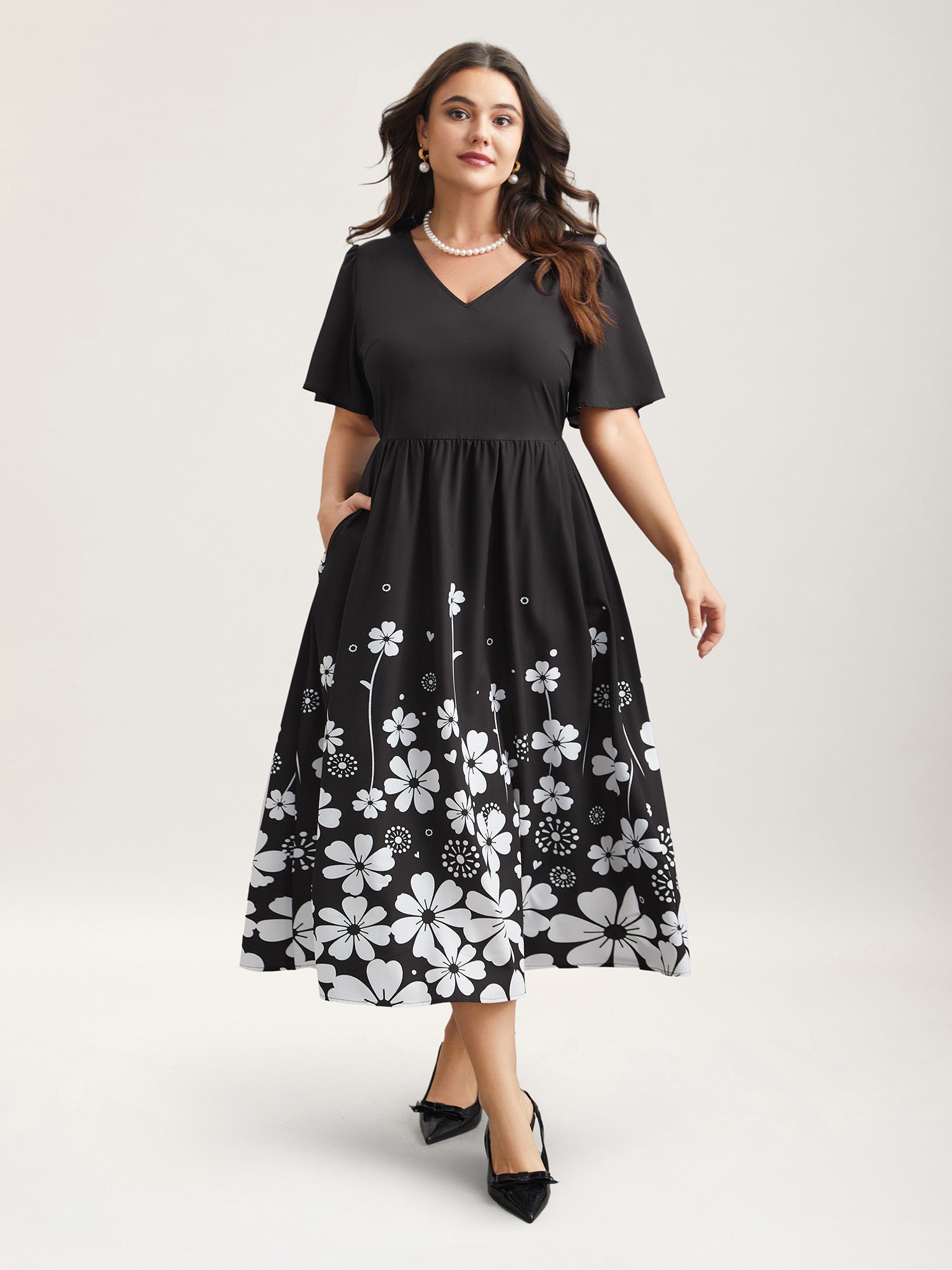 V-Neck Floral Print Flared Sleeve Dress