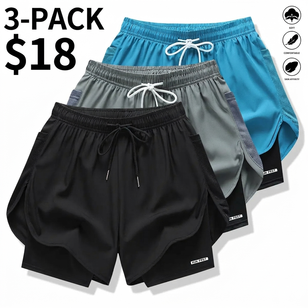 Pack of 3 women’s casual athletic pants, faux two-piece design, solid color, with inner lining, elastic drawstring waistband